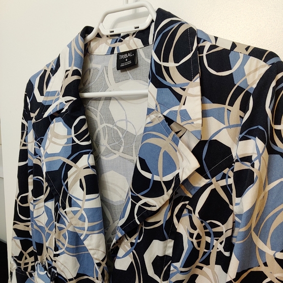 Tribal Button Up Coat Jacket 3/4 Sleeve Belted Trench Geometric Blue Size 8 - Picture 4 of 10